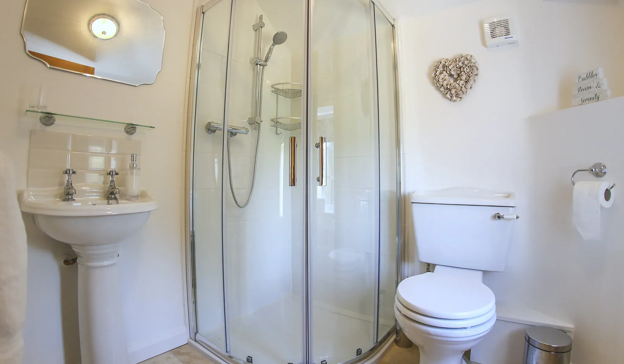 Oak Barn second bathroom with a corner shower enclosure